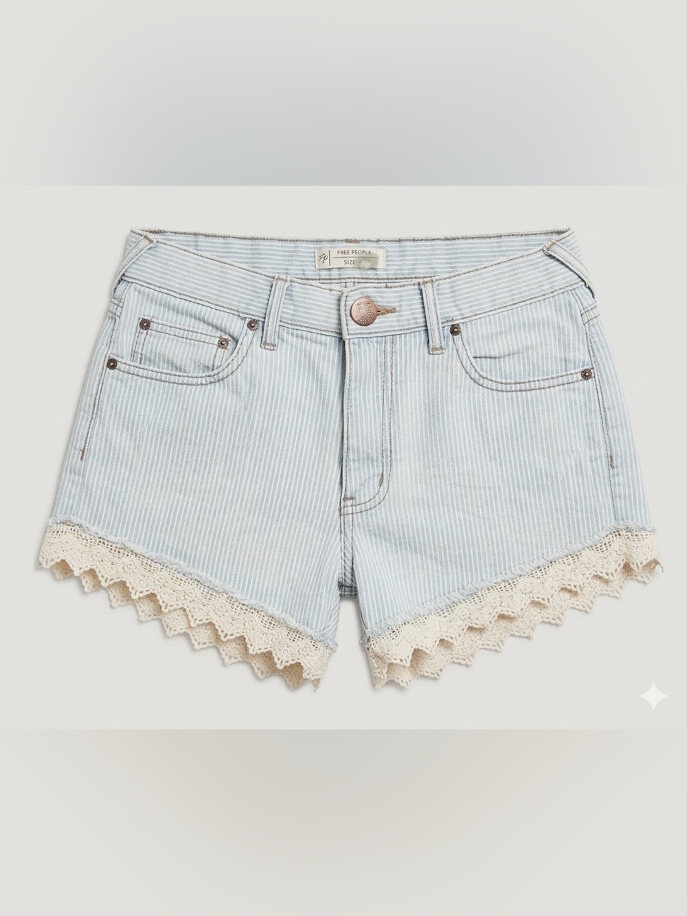 FREE PEOPLE Lightwash Striped Jean Shorts with Lace Trim 25